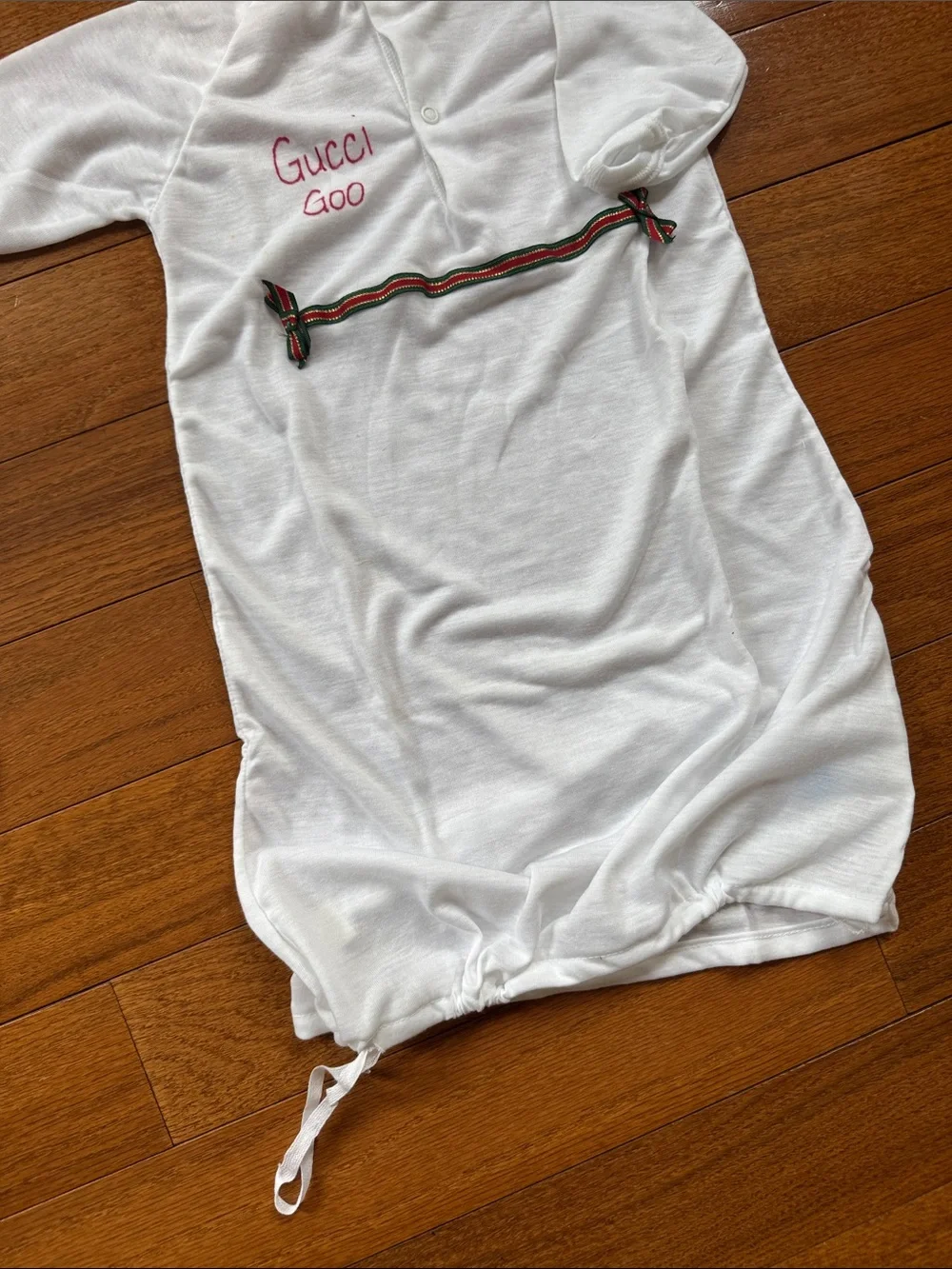 “Gucci Goo” White Sleep Sack and Bib Set with Red-Green Trim
